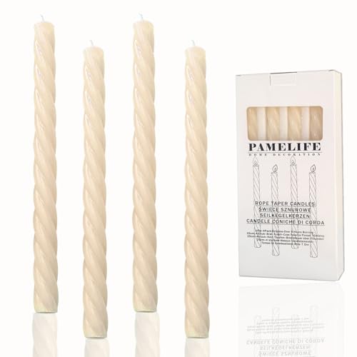 PAMELIFE Taper Candle White Ivory Spiral Candlestick Tall Tapered Candles Twisted Candlesticks for Table Decor Housewarming Gift Idea-10inch,4pcs dripless tapercandles