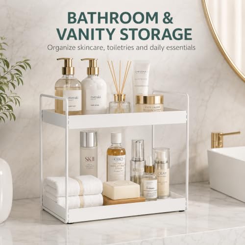 Image of Homeor 2-Tier Metal Countertop Organizer | Heavy Duty Standing Rack for Kitchen Spice Storage & Bathroom Vanity | Multi-Purpose Shelf For Kitchen, Cosmetic & Toiletry Display Shelf, White