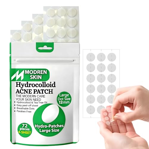 MODREN SKIN - Pimple patches 4 Sheets 72 Large Dots Hydrocolloid pimple patch with easy peel off cut line sheets in a resealable zipper bag Acne Patch dots (size 12mm)