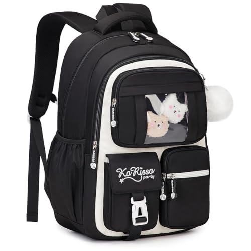Image of MATMO Multi-Pocket Girls Boys School Backpack Kids Student Bookbag Travel Daypack (Black with White)