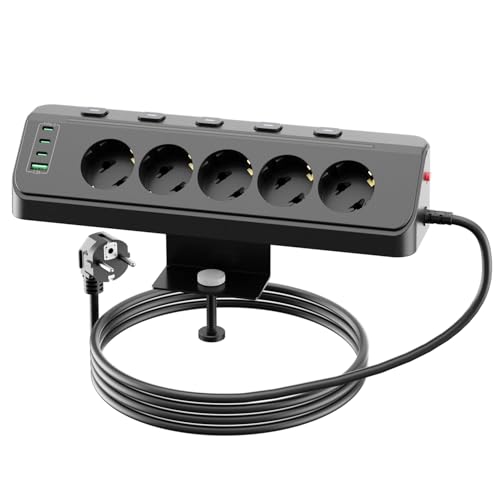 Regleta de 5 enchufes con USB, Regleta Escritorio con Interruptores Individuales, Enchufe Multiple de Esquina con Protección contra Sobrecargas, Toma de Corriente para Oficina y Casa,Cable 2M, Negro