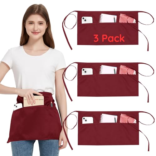 3 Pièces Tablier de Taille avec 3 Poches et Sangle Réglable, Imperméable Tabliers de Cuisine Rouge pour Femme et Homme, Court Tablier Pour Serveurs Chefs...