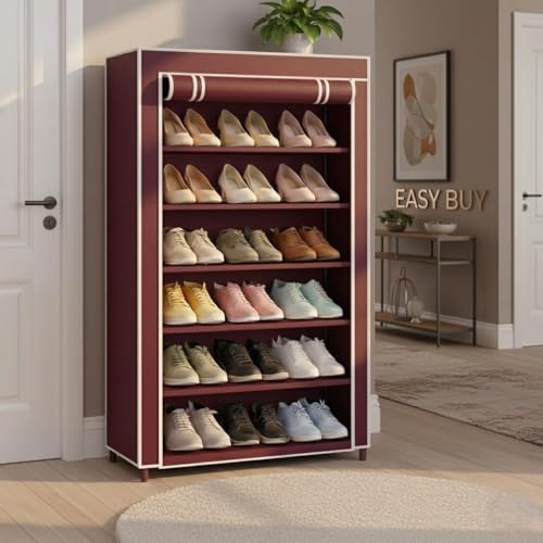 Image of EASY BUY Maroon Shoe Rack with Cover, Plastic Rack 6 Shelves with Zip Door Cover & Side Pocket | Dustproof Multiuse Storage Organizer for Footwear, Clothes, Toy, Shoe Rack Plastic, Slipper Stand