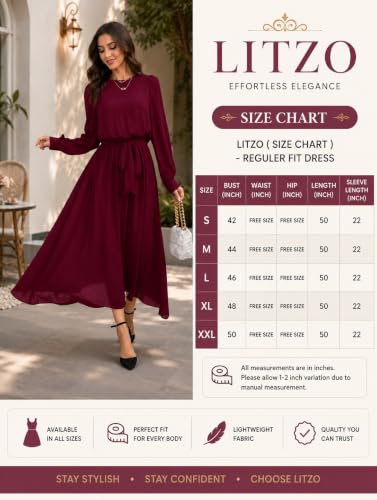 Image of LITZO Women's One Piece Dress - Georgette Solid Color Western Gown | Long Sleeve Round Neck Fit & Flare Flared Hem Design | A-Line Maxi Dress for Women | New Year Party Outfit (NO-14-16)