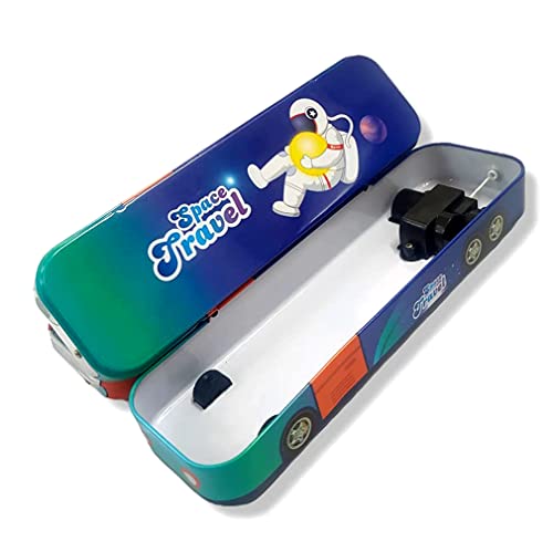 Image of School Bus Pencil Box Kids- Compass Box with Wheel /Stylish School Bus Geometry Box for Kids | Cartoon Printed Bus Shaped Pull Back Pencil Box in Metal | String Operated Wheels (Space Travel)