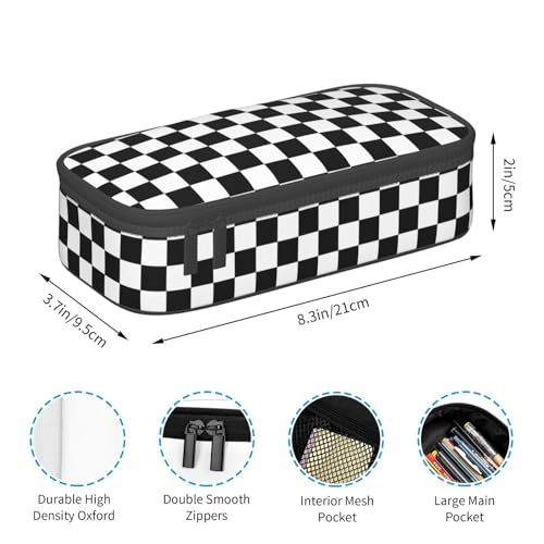 Image of Perinsto Black And White Checkered Pencil Case Big Capacity Multi Compartment Stationery Box Racing Checkerboard Pencil Pouch Holder Desk Organizer For School Office Home