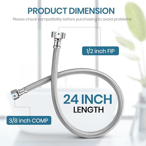 Dreyoo 6 Pack 24 Inch Toilet Water Supply Line, 3/8\" Comp x 1/2\" FIP Faucet Hose Connector, Stainless Steel Braided Faucet Supply Line Extension, with 2 Wrenches and 2 Sealing Tapes - Thumbnail 2