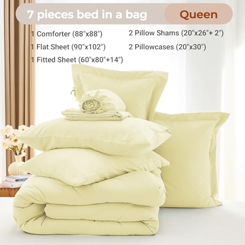 MUXHOMO 7 Pieces Queen Comforter Set, Soft Bed in a Bag Queen Size, All Season Bedding Set with Comforter, Flat Sheet, Fitted Sheet, Pillowcases & Shams, Cream Yellow
