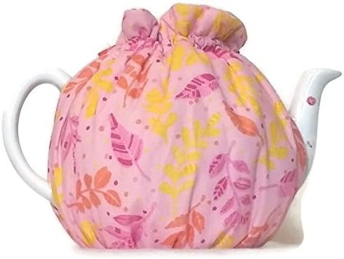 Teapot Cozy, quilted tea warmer with yellow, pink and orange leaves on light pink for a 5-8 cup teapot #501