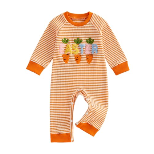 Image of Rourufy My First Easter Baby Girl Outfit Cutest Bunny Carrot Onesie Waffle Jumpsuit Romper Newborn Spring Clothes With Hat