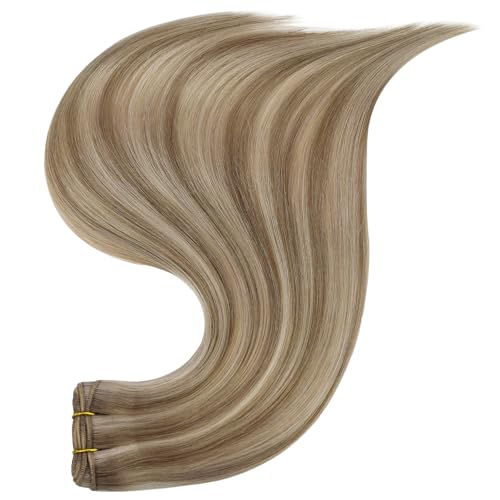 Image of Full Shine Sew In Hair Extensions Remy Weft Hair Extensions Sew In Extensions Straight Hair Color Ash Blonde Mix Golden Blonde Human Hair Bundles For Women 18 Inch 105G
