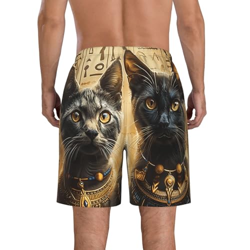 Men's Quick Dry Swim Shorts Egyptian Cats Hieroglyphics and Mystical Symbols Golden Beach Trunks with Pockets2