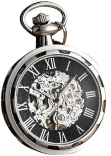 HeyDear 懐中時計、手巻き、アンティーク、機械式、スケルトン、チェーン付き ヴィンテージスタイル ミニマリストの美 (シルバー)