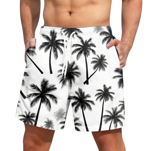 Hawaiian Shorts for Men Casual Summer Drawstring Waisted Beach Shorts Palm Tree Printed Bermuda Pants with Pockets
