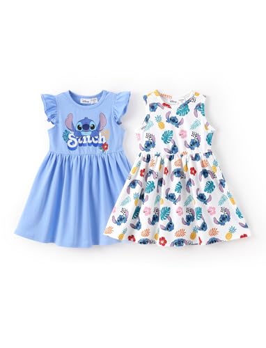 Disney Lilo & Stitch Girls Dresses 2 Pack Blue Ruffle Sleeve & White Sleeveless Tropical A-Line Sundress Set Hawaiian Summer Beach Clothes Size 10-11