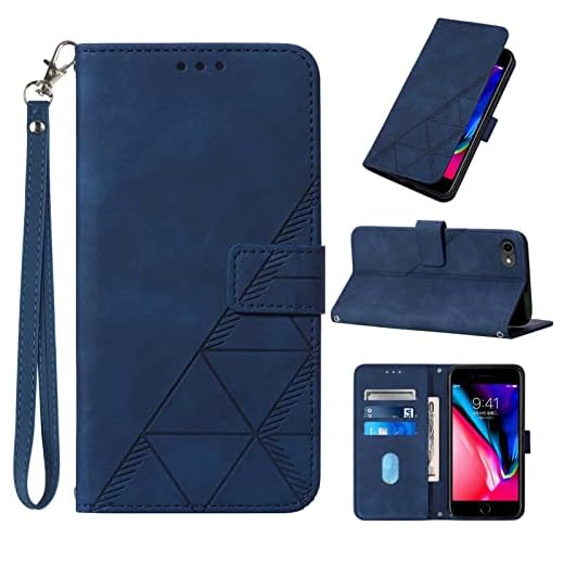 Moment Dextrad for iPhone SE 2022/SE 2020 Case Wallet,for iPhone 8/7/6/6S Case,[Kickstand][Wrist Strap][Card Holder Slots] PU Leather Protective Folio Flip Cover (Blue)