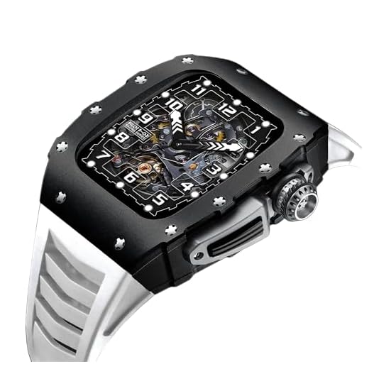 Wtukmo Kit de modificação de caixa de alumínio para Apple Watch Series 8 7 Band 45mm Luxury Mod Kit Pulseira de borracha de silicone para IWatch SE 6 5 4 44mm (Cor: BW, Tamanho: 44mm Para 6/5/4/SE)