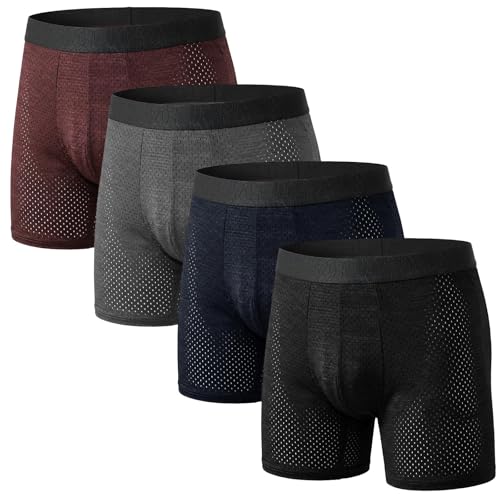 Hellomamma Calzoncillos Hombre Boxer Largos: Ropa Interior de Seda Fría de Malla Transpirable - Antirozaduras sin Etiquetas para Hombres para Deporte Gym y Ciclismo Talla L Multicolor Pack de 4