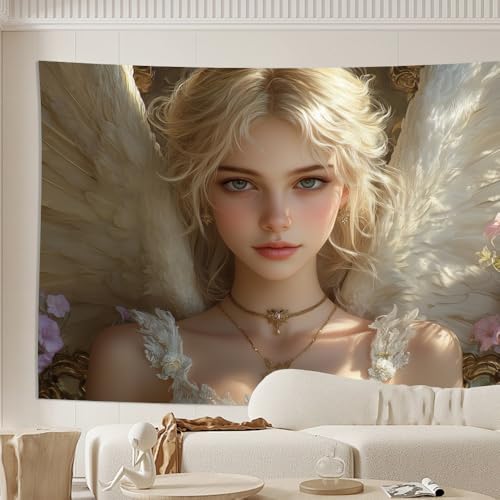 GLWDMB 1 pieza | Tapiz de ángel con pelo dorado y vestido blanco, poliéster para colgar en la pared, para dormitorio, oficina, dormitorio, decoración de fiesta, con paquete de instalación, 150 x 100