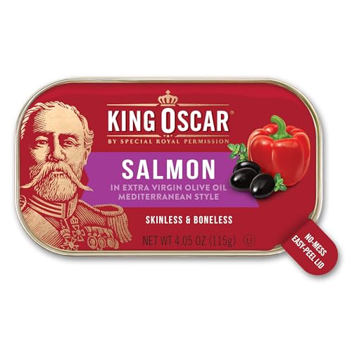 King Oscar Premium Salmon in Olive Oil, Mediterranean Style, 4.05-Ounce Cans (Pack of 12, Packaging May Vary), Skinless & Boneless Salmon