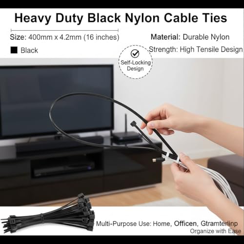 Image of 16-Inch Cable Ties (200-Pack) - Heavy Duty 400mm x 4.2mm Self-Locking Nylon Zip Ties | Strong Wire Fasteners with Teeth Grip for Organizing, Bundling & Securing