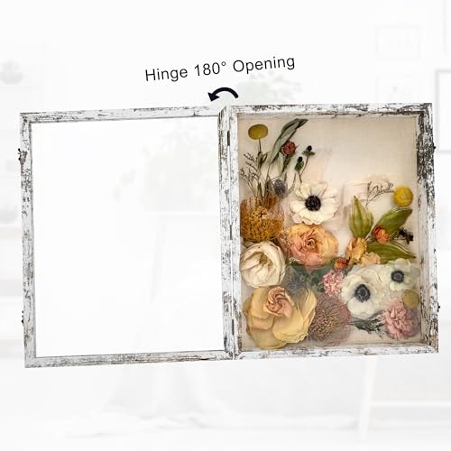 Image of GraduationMall 16x20 Wood Shadow Box Frame Glass Door Display Case with Linen Back and 6 Stick Pins,1.5 inches Interior Depth,Ideal for Memorabilia Pictures Flowers Medals Tickets Rustic White