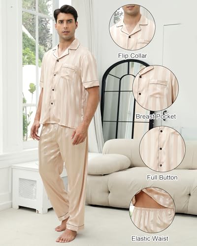 GAESHOW Mens Silk Pajama Set, Short Sleeve Silk Satin Pajamas for Men Soft Mens Loungewear Sets 2 Piece Button Down Pjs Set2