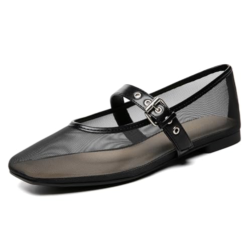 Image of Rihero Mesh Ballet Flats for Women Square Toe Mary Jane Flats Comfortable Casual Ballerina Shoes