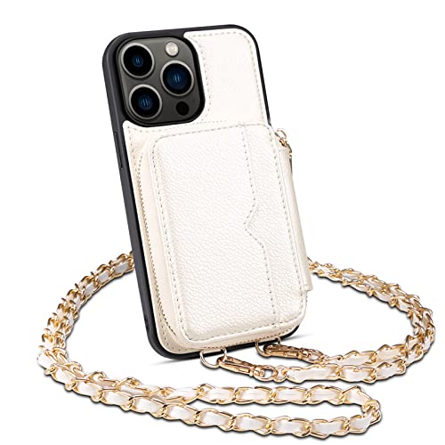 Étui portefeuille en cuir avec bandoulière pour iPhone 14/13/12 Pro Max, blanc multifonction