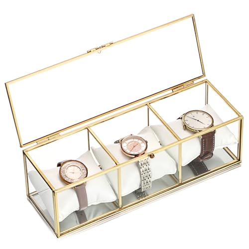 OGANAZI Boîte à montres en verre avec 3 compartiments dorés - Avec coussin doux - Pour homme et femme - Cadeau pour les amateurs de montres (cadre en métal, 3 coussins)