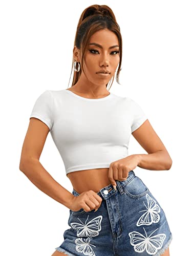 Shein Women's Slim Crop Top Basic Short Sleeve Cropped Tops Short Summer  Shirt, White, XS: Buy Online at Best Price in Egypt - Souq is now Amazon.eg