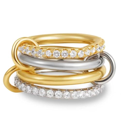 BLThing Gold Stackable Rings for Women - 18K Gold Plated Cubic Zirconia Rings, Silver Gold Multi Ring Mixed Metals Stack Rings Set for Women Non Tarnish Size 7