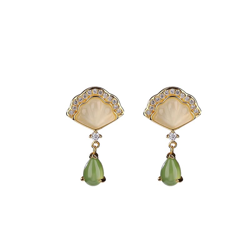 14K Gold Jade and Shell Waterdrop Earrings for Women, Vintage Style, Gift for her on Birthdays