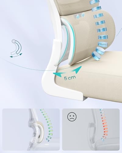 SONGMICS Krzesło biurowe, ergonomiczne krzesło z dwuwarstwową oddychającą tkaniną siatkową, adaptacyjne podparcie odcinka lędźwiowego, regulowany zagłówek, do domowego biura, beżowo-piaskowy OBN041L01