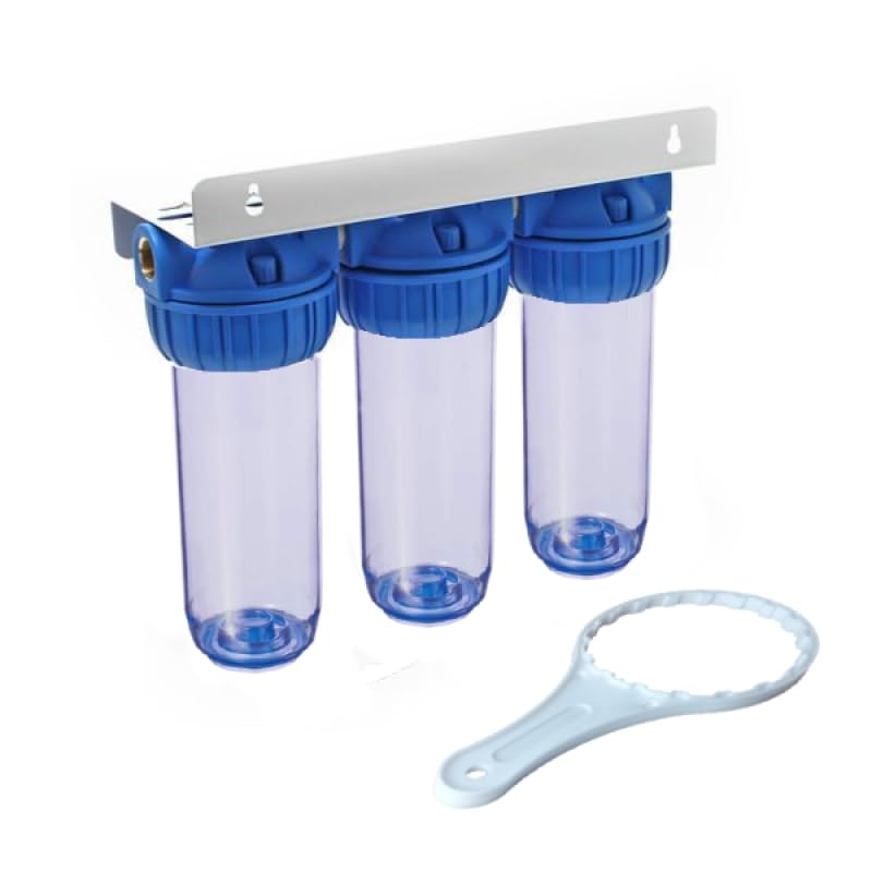 Swan Batteria da Tre Tazze Porta Filtro 10" con Staffa e Chiave per Impianti Filtrazione Acqua per Sedimenti e Carbon Block