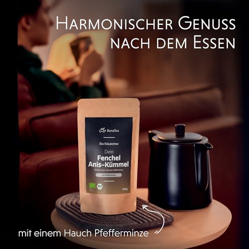 BIO Fenchel-Anis-Kümmel Tee 250g mit einem Hauch Pfefferminzblättern - Hochwertiger loser Kräutertee für Vor und Nach dem Essen