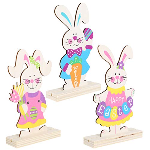 Amosfun 3 Peças Decorações de Madeira da Páscoa Coelho Colorido Com Gravata Borboleta Em Pé Ovos de