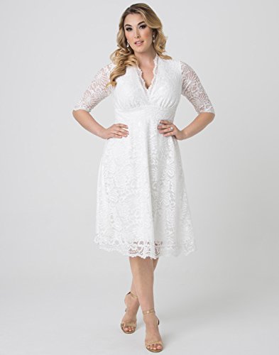 Kiyonna Women's Plus Size Bella Short Ivory Lace Dress, Simple White Wedding, Bridal Shower, Or Graduation Dress With 3/4 Long Sleeves, Size 2X (18-20) #TOP3