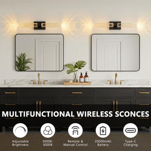 Image of Battery Operated Wall Sconces Set of 2, 20000mAh Rechargeable Wall Light | Remote Control,3000K-6000K Dimmable LED Wireless Sconces,Black,20.9 Inch