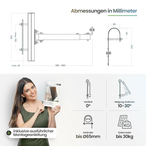 Balkonkraftwerk Montageset für Balkongeländer, Solarpanelbefestigung, stabil, einfache Installation, für 1 Modul
