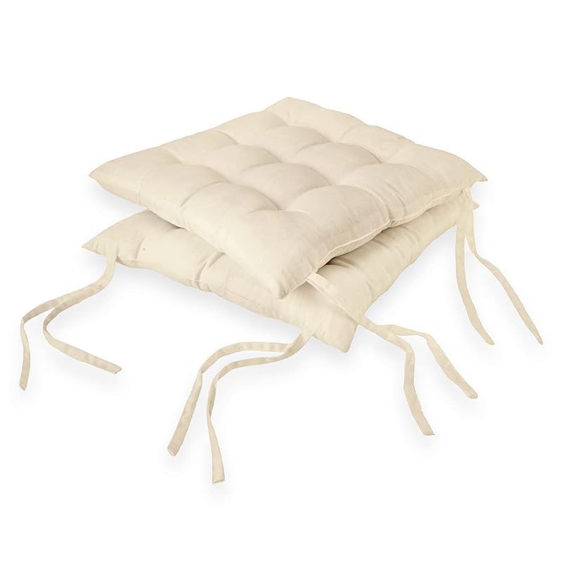 Image of Rajasthan Crafts Pack of 2 Chair Pad | Chair Cushion Pad | Microfiber Square Chair Pads with Ties | Seat Cushion for Chair Office, Sitting, Pooja, Dining & Office Tables (16x16 Inch, Beige)