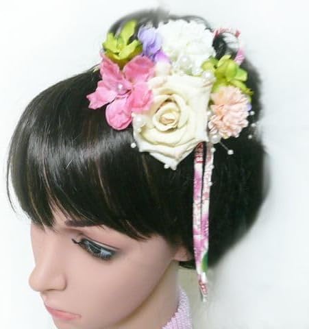 髪飾り 花 バラと菊小花 白ピンク 和装 結婚式 成人式 卒業式 振袖 簪