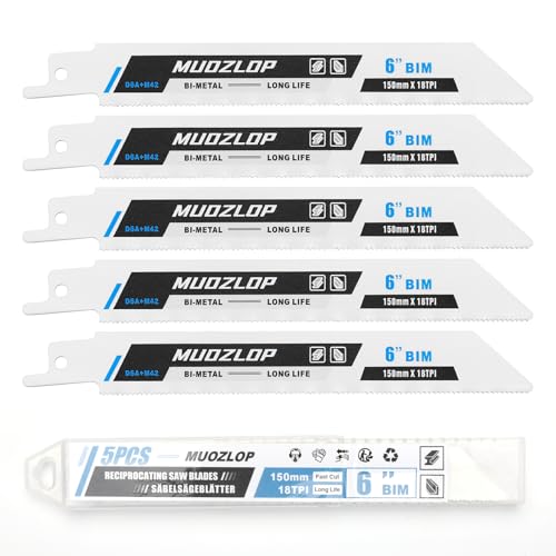 MUOZLOP 5 Pack 6 inch Reciprocating Saw Blades Set,18 TPI High Carbon Saw Blades, Metal Saw Blades with Organizer Case (5, 18TPI/150mm)