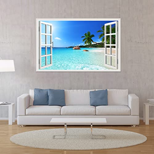 3D Beach Seascape Wall Sticker Removable Fake Windows Wall Sticker Coastal Palm Tree Wall Mural For Bedroom Living Room Decoration #TOP2