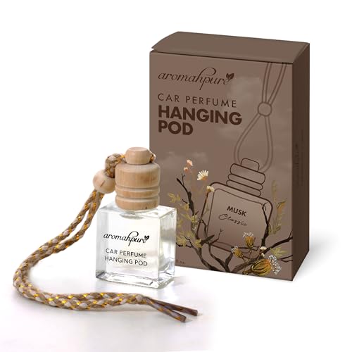 Image of Aromahpure Premium Car Perfume Hanging Pod |10 ML |Musk Fragrance Car Air Freshener |Natural Essential Fragrance Oils in Glass Bottle with Wooden Diffuser Lid |Last Upto 30 Days, IFRA Certified