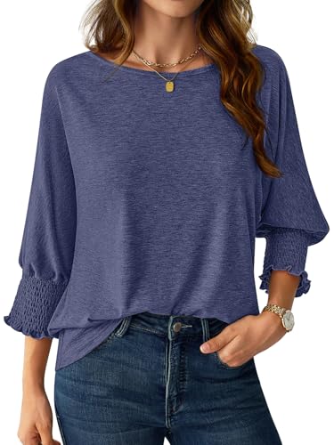 NORACORA Blouses for Women Dressy Casual 3/4 Length Sleeve Womens Tops Smocked Cuffs Trendy Summer Spring Fall Casual Shirts Navy Blue S