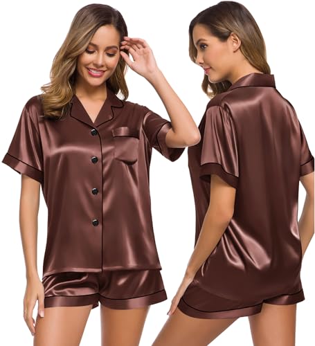 Image of SWOMOG Womens Silk Satin Pajamas Set Short Sleeve Sleepwear Button Down Top and Shorts Loungewear 2 Piece Pjs Set XS-3XL