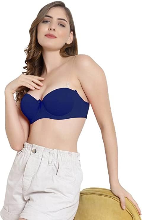 Image of Brachy Women Cotton Nylon Spandex Padded Underwire Strapless Backless Invisible Clear Transparent Back Push up Bra with (Free Extra Transparent Strap)