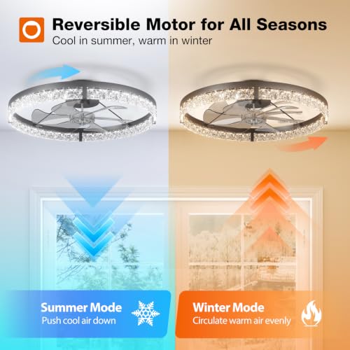 Image of addlon Ceiling Fans with Lights and Remote, 24'' Low Profile Flush Mount Ceiling Fan, 3000-6000K Dimmable LED Fandelier, Bladeless Crystal Fan Light for Bedroom, Kitchen, Living Room, Black