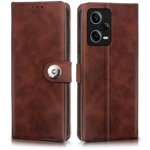 Image of WOW IMAGINE Shock Proof Flip Cover Back Case for Redmi Note 12 Pro 5G (Magnetic Button Flip Case | Wallet Pockets & Stand | Leather Finish | Coffee)